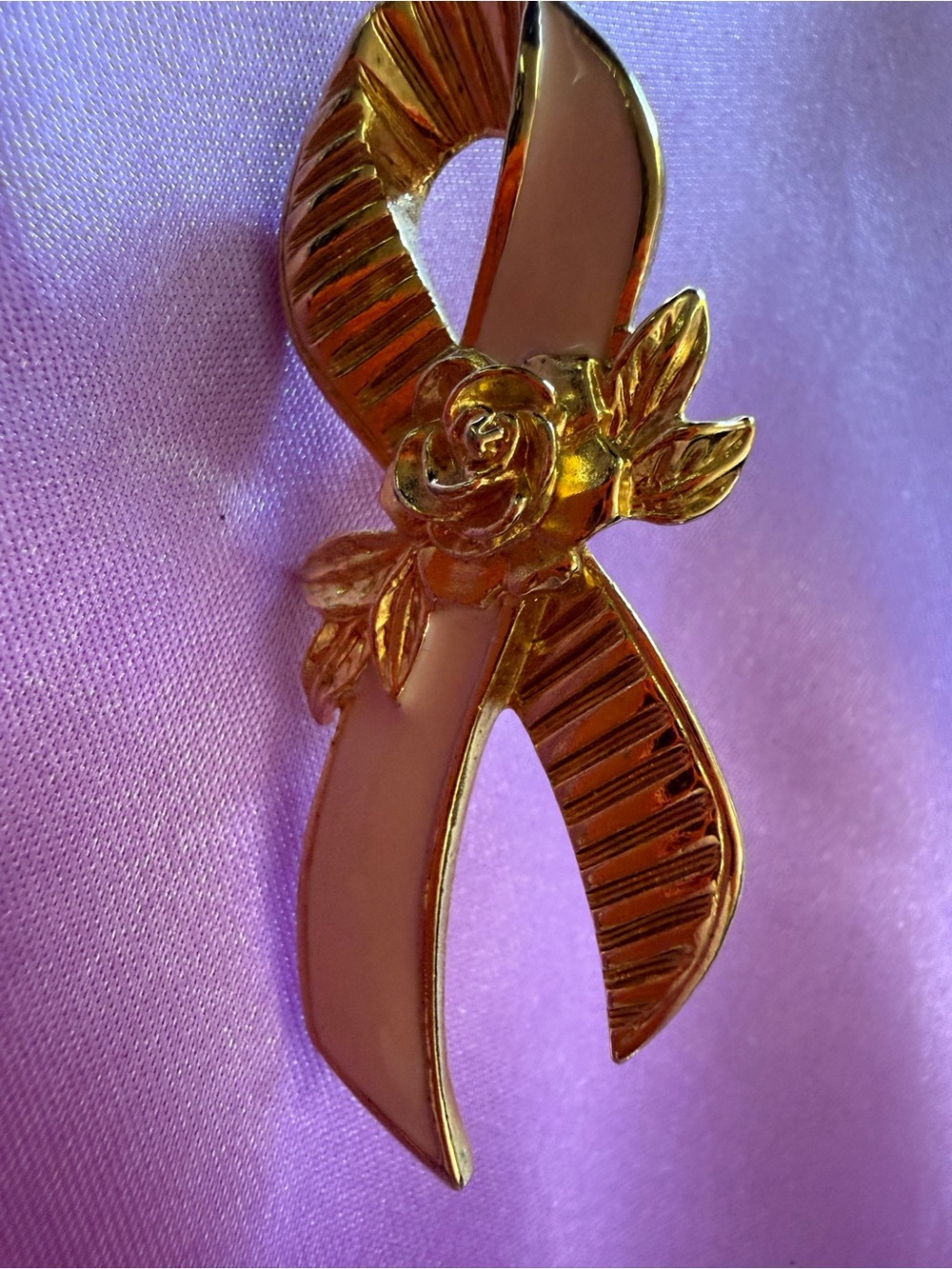 Avon Gold and Pink Breast Cancer Ribbon Floral Brooch